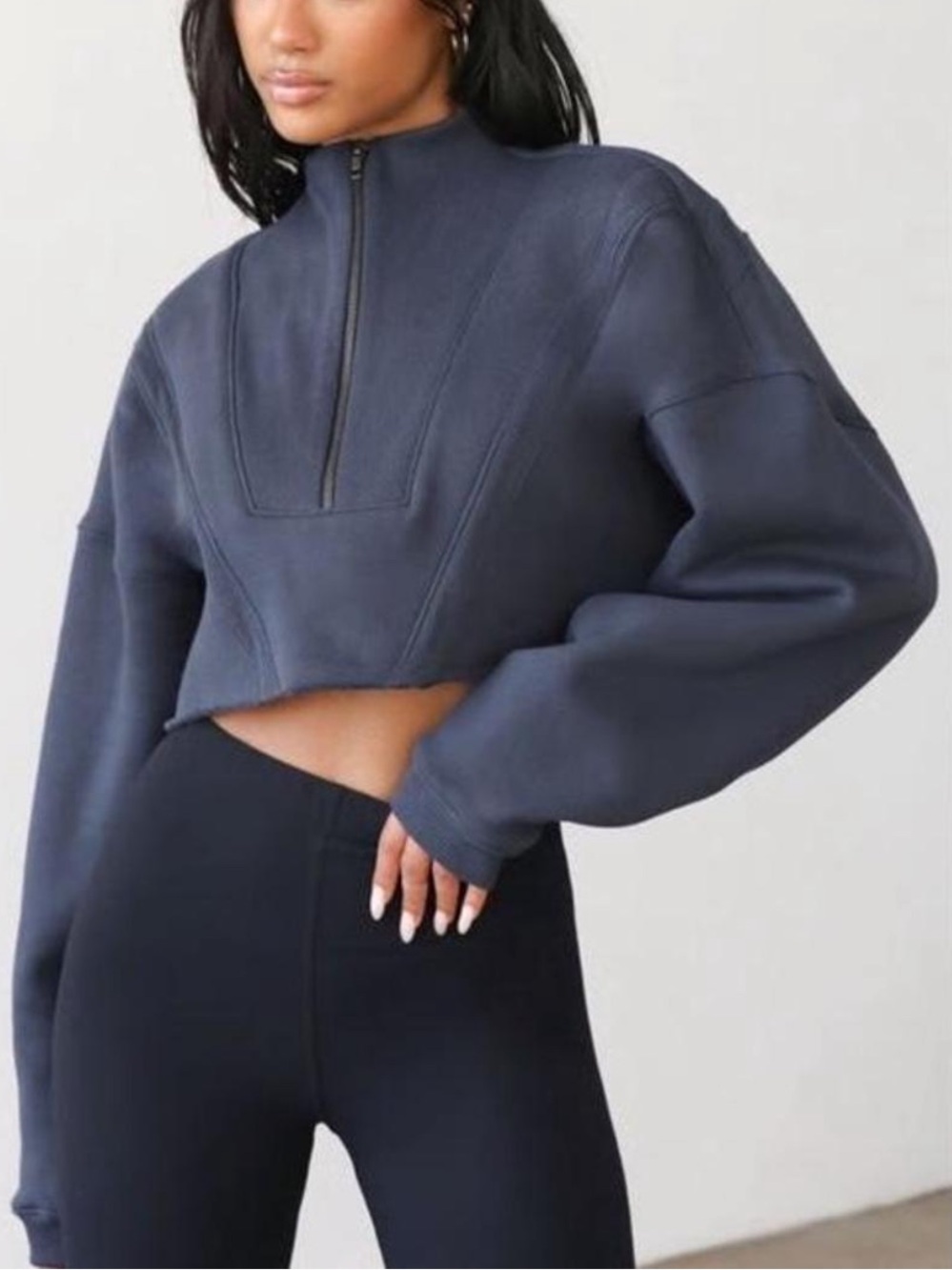 Joah Brown Half Zip Cropped Sweatshirt Washed Navy Size Medium / Large
